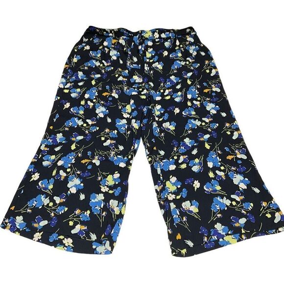 Halogen Crop Pants Wide Leg Black Blue White Floral Elastic Waist Belt 1X - Picture 7 of 14